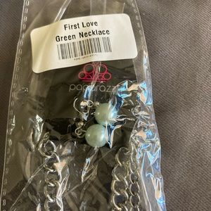 Green and silver pearl type adjustable necklace w/ matching low dangle earrings